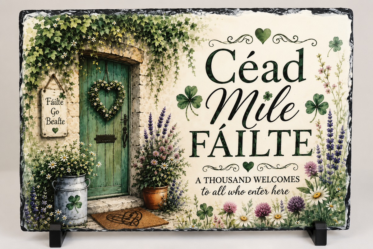 A rectangular decorative sign with a rustic stone-like border, featuring a painted green door, ivy, flowers, shamrocks, and the text 'Céad Mile Fáilte' and 'A THOUSAND WELCOMES to all who enter here'. The sign is displayed on small black stands against a light neutral background.