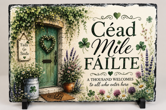 A rectangular decorative sign with a rustic stone-like border, featuring a painted green door, ivy, flowers, shamrocks, and the text 'Céad Mile Fáilte' and 'A THOUSAND WELCOMES to all who enter here'. The sign is displayed on small black stands against a light neutral background.