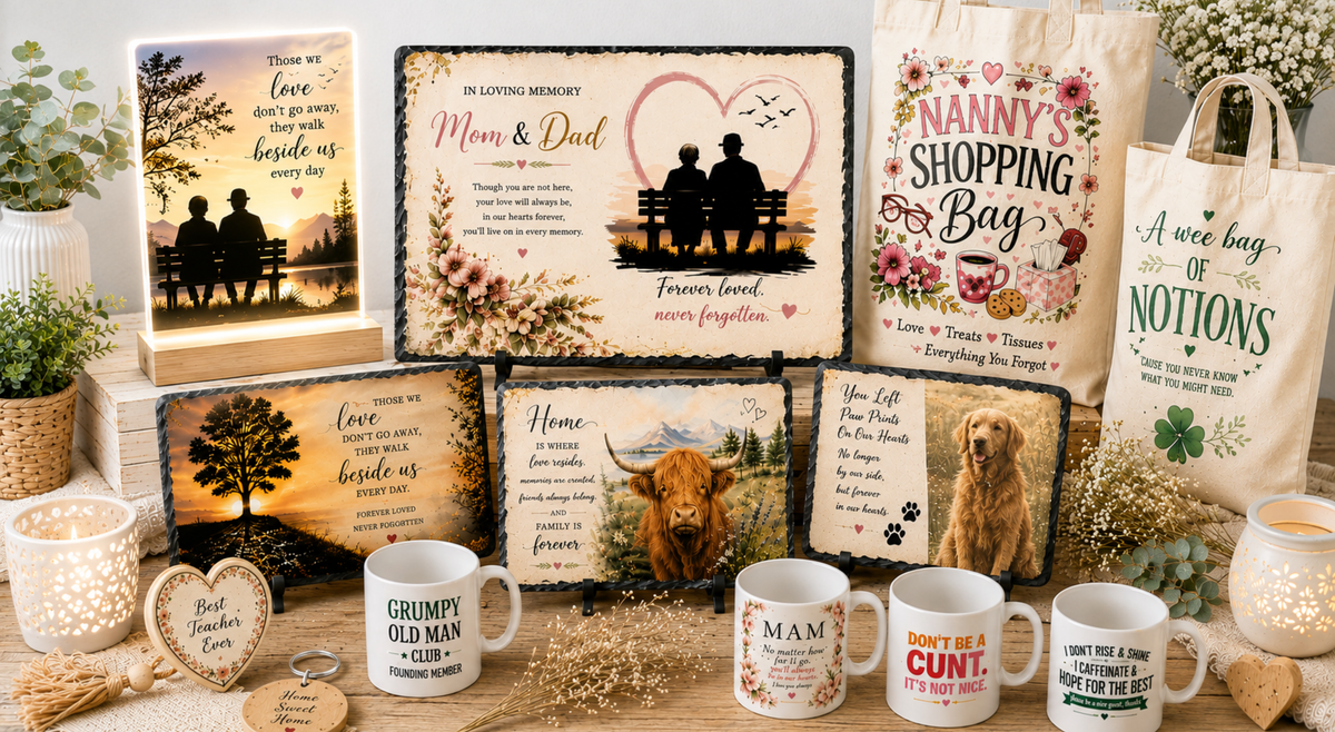 Bright Éire Creations gift display featuring personalised memorial slates, LED photo lamp, mugs, tote bags, pet keepsakes and Irish gifts.