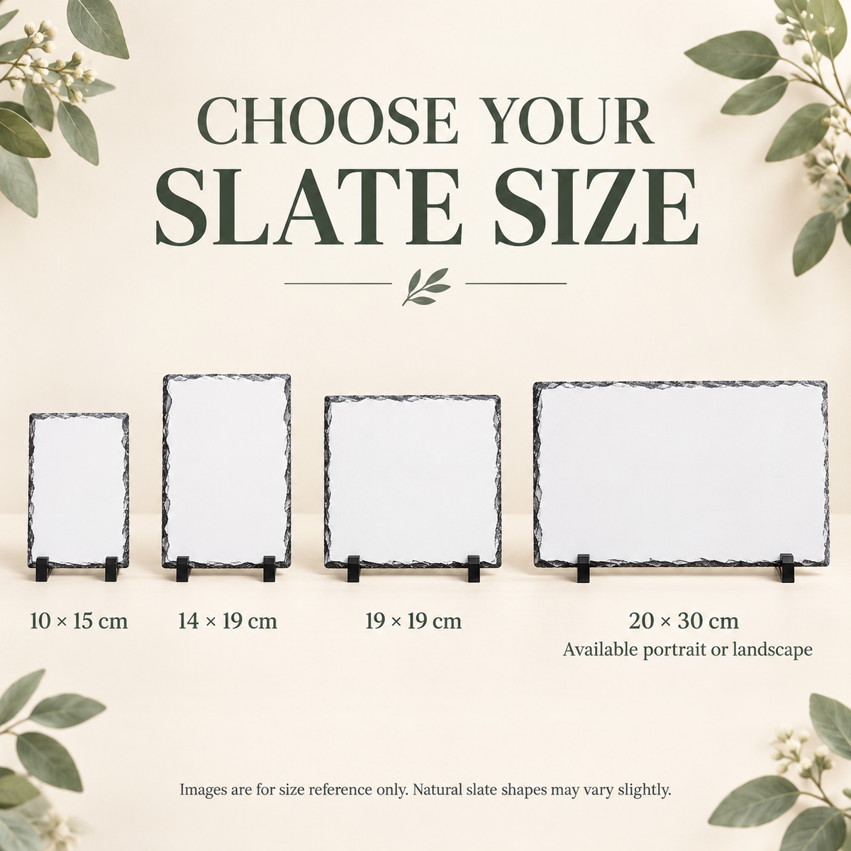 Size chart graphic showing four slate picture frames in different dimensions: 10 x 15 cm, 14 x 19 cm, 19 x 19 cm, and 20 x 30 cm. The frames are displayed on small black easels against a light beige background with decorative green leaves in the corners.