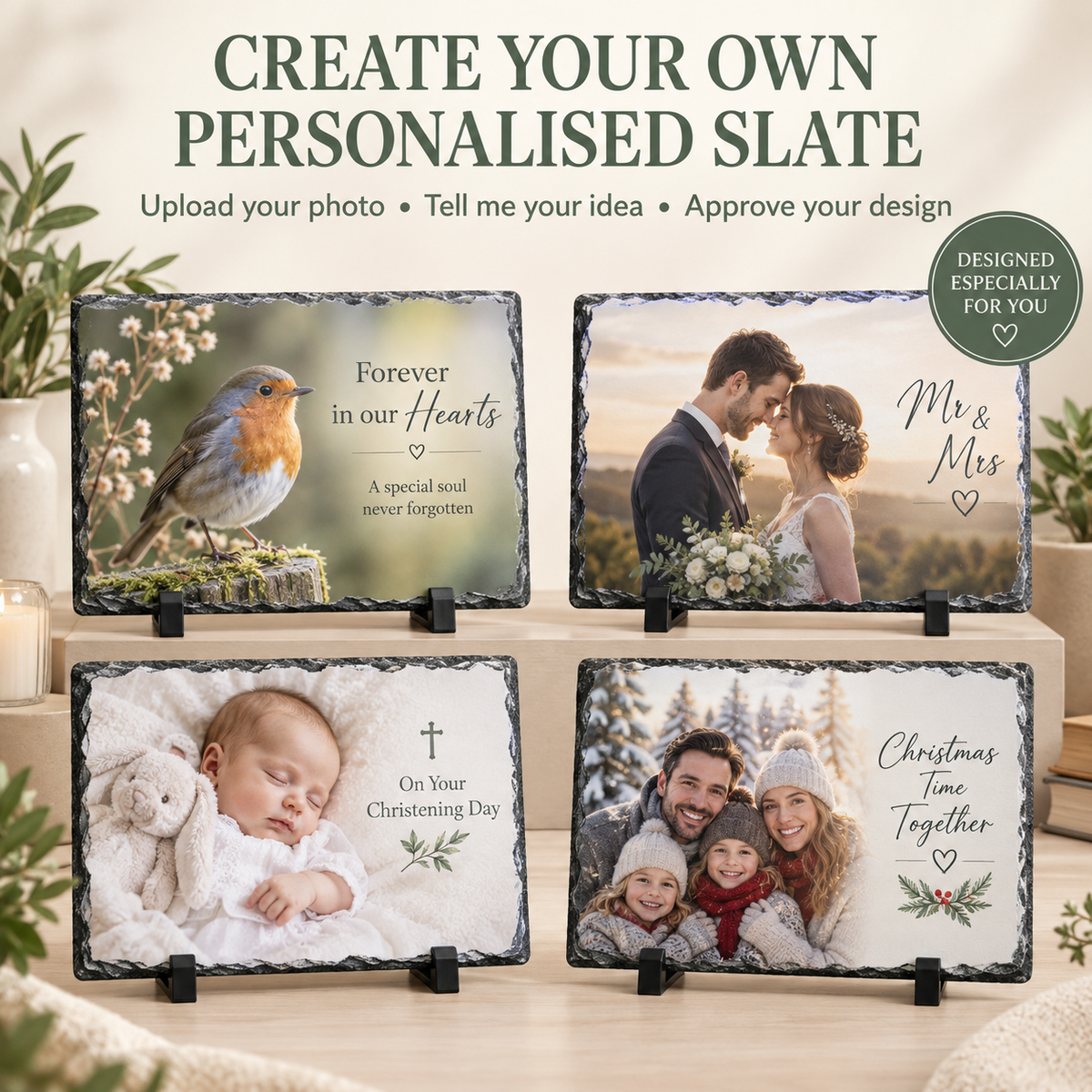 Four personalized slate photo plaques displayed on small black stands on a tabletop, with large text above reading 'CREATE YOUR OWN PERSONALISED SLATE' and sample photos and text on each plaque. A circular badge says 'Designed especially for you.